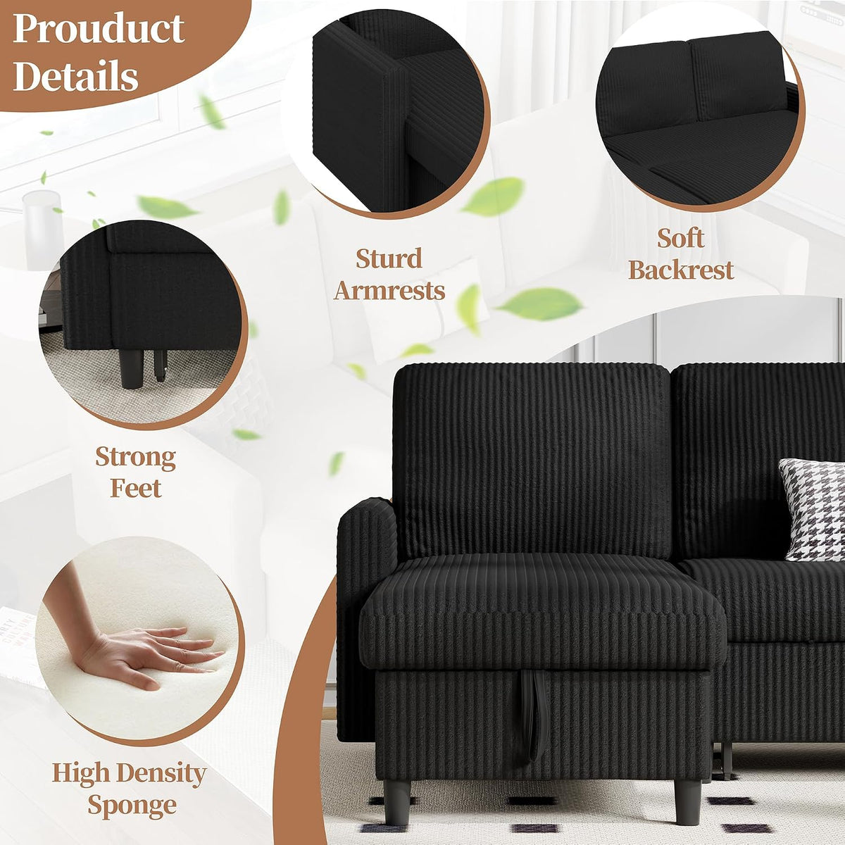 Walsunny 77 Inch Sectional Sleeper Sofa with Pull Out Bed, Modern L-Shaped Corduroy Convertible Couch with Storage Chaise, Reversible Sofa Bed for Small Spaces, Apartment, Black