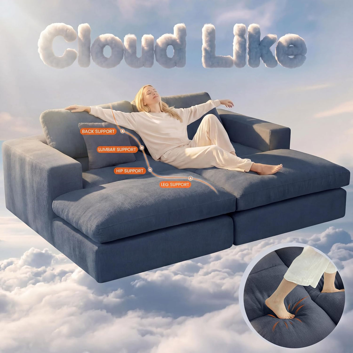 81" Modular Sectional Sofa Bed, Boneless Cloud Loveseat Couch,Blue