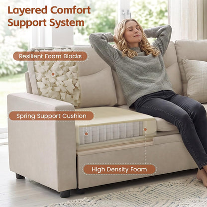 81" Sectional Sleeper Sofa Bed, 5 Seat Pull Out Couch with Storage Beige