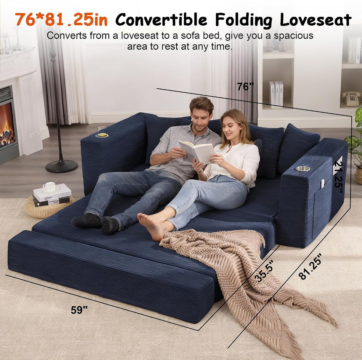 76" Convertible Sofa Bed, Corduroy Boneless Couch with Cup Holders & Pocket