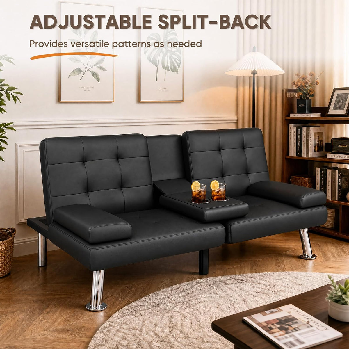 Flamaker Futon Sofa Bed, Black Faux Leather Convertible Loveseat Couch