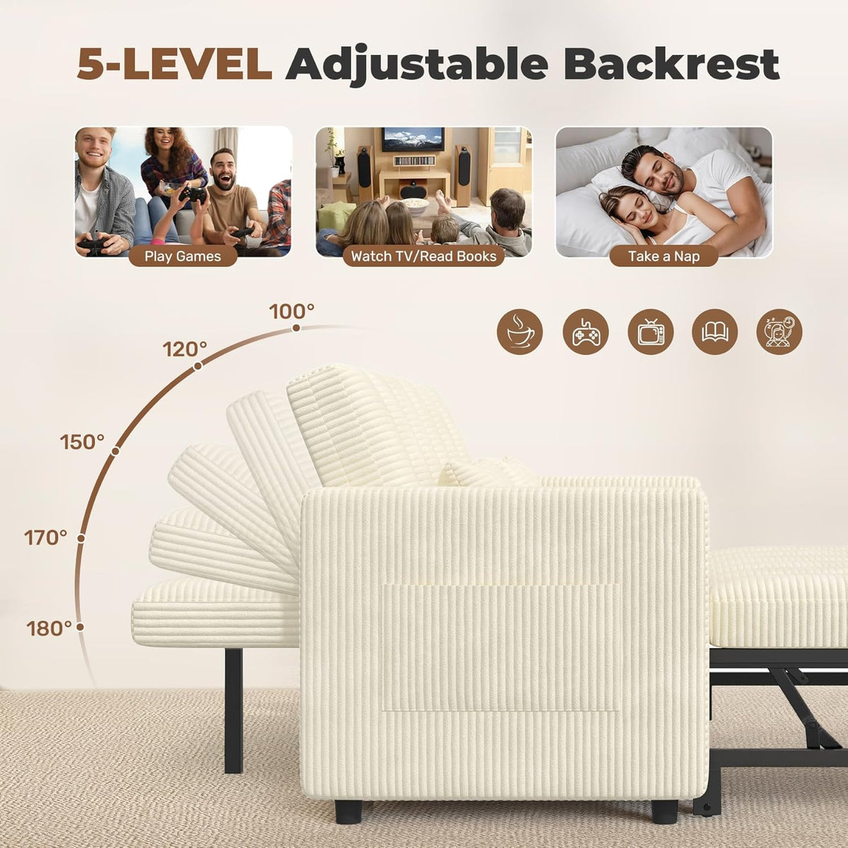 Nebuaegis Sleeper Sofa Bed,3-in-1 Convertible Pull Out Couch with Adjustable Backrest for Living Room,Loveseat Sofa Bed with Side Pockets,Easy Assembly,Beige,1 PCS