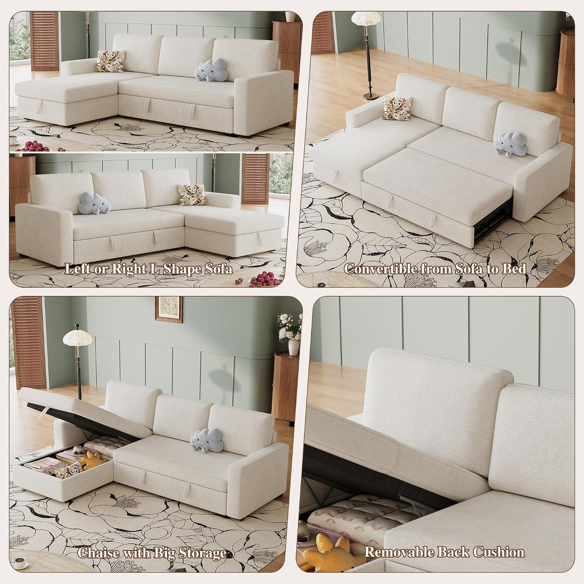 81" L Shaped Convertible Sleeper Sectional Sofa Bed, Beige