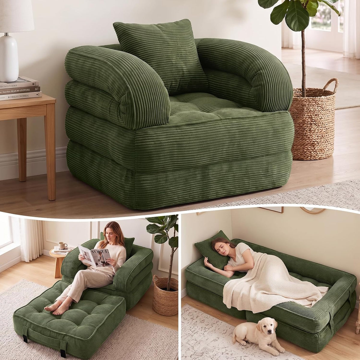 Folding Sofa Bed, Convertible Sleeper Chair, Corduroy Boneless Couch