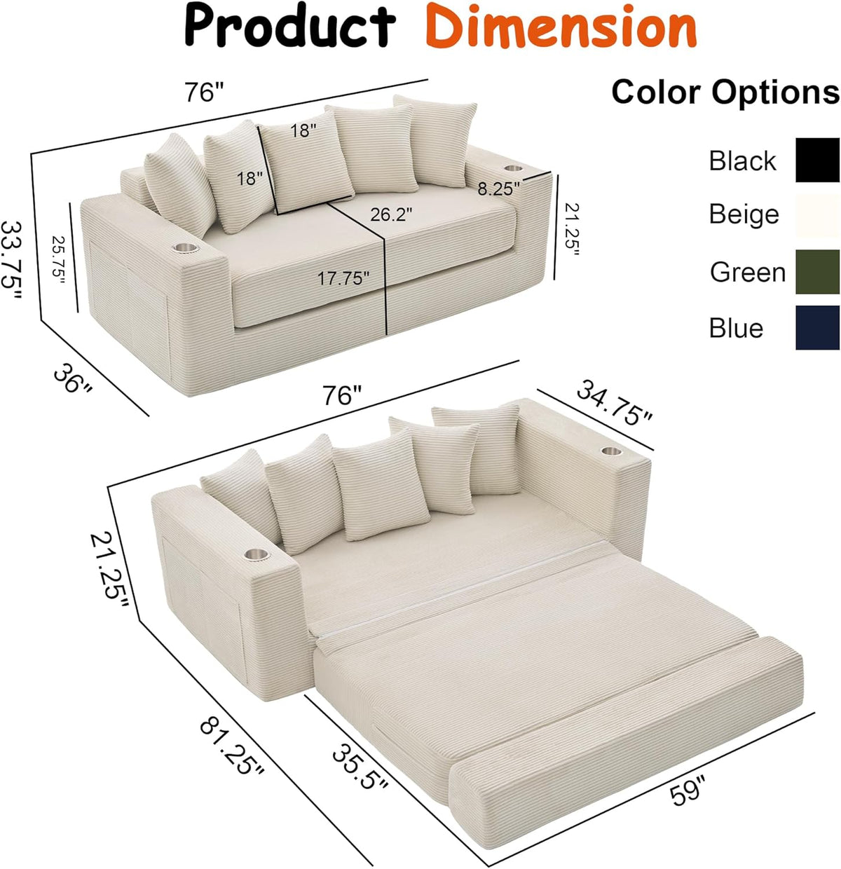 76" Convertible Sofa Bed, Corduroy Boneless Couch with Cup Holders & Pocket
