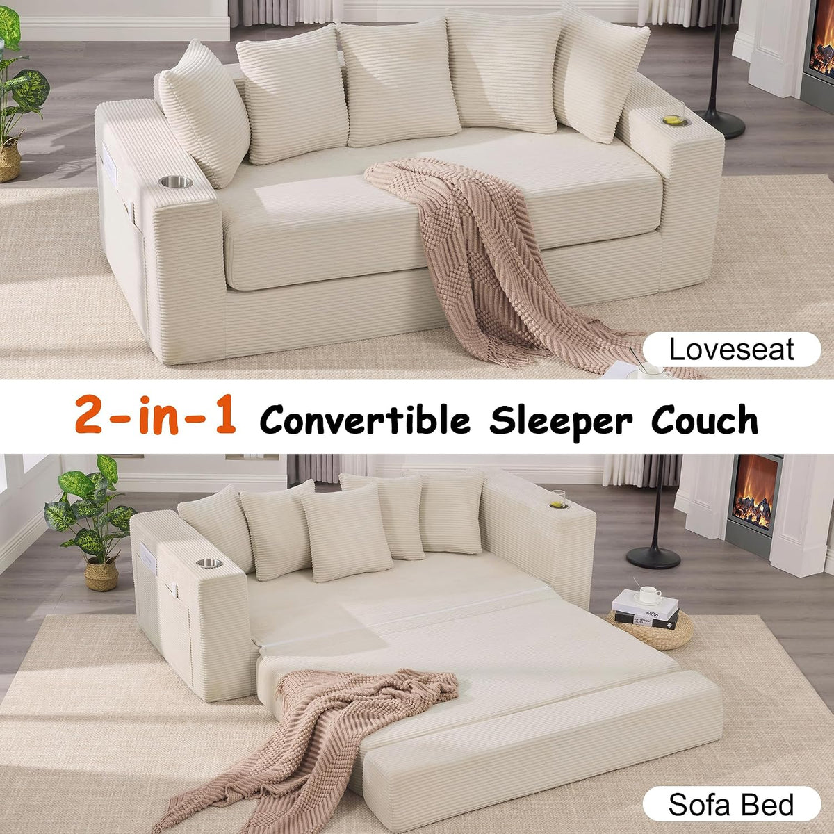 76" Convertible Sofa Bed, Corduroy Boneless Couch with Cup Holders & Pocket