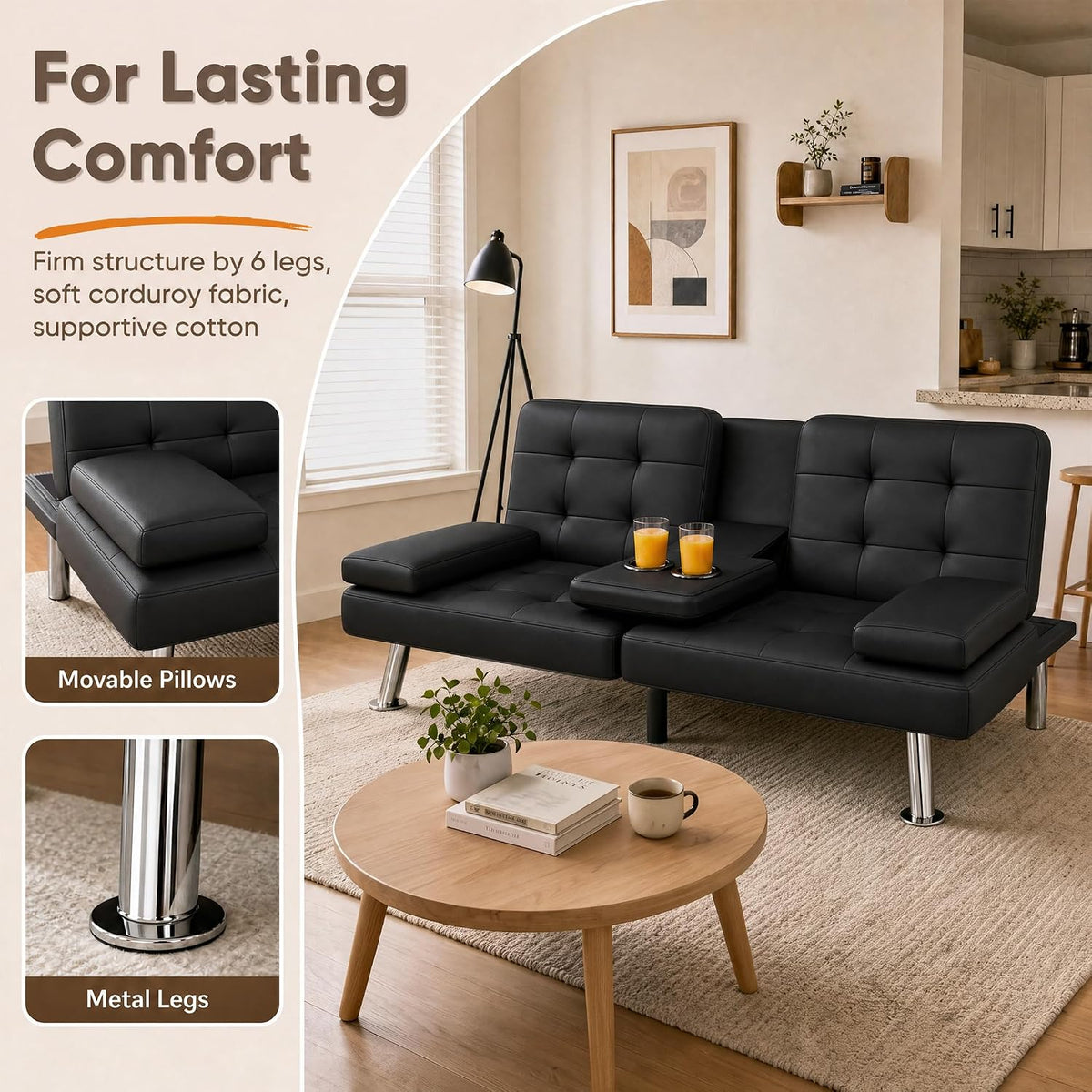 Flamaker Futon Sofa Bed, Black Faux Leather Convertible Loveseat Couch