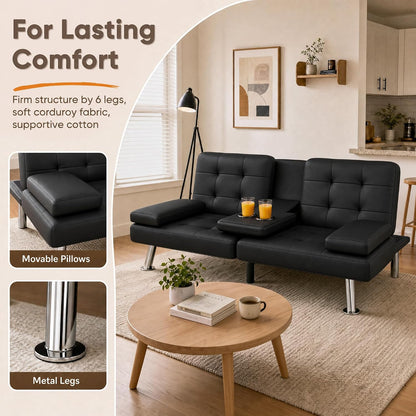 Flamaker Futon Sofa Bed, Black Faux Leather Convertible Loveseat Couch