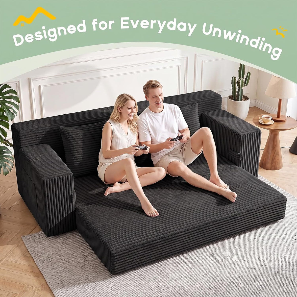 Boneless Couch for Living Room, 3 Seater Convertible Sofa Bed in Box, Black