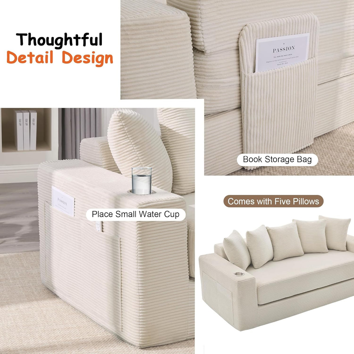 76" Convertible Sofa Bed, Corduroy Boneless Couch with Cup Holders & Pocket