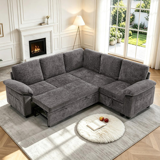 85'' Modular Sectional Sleeper Sofa, L Shape Pull Out Sofa Bed with Storage