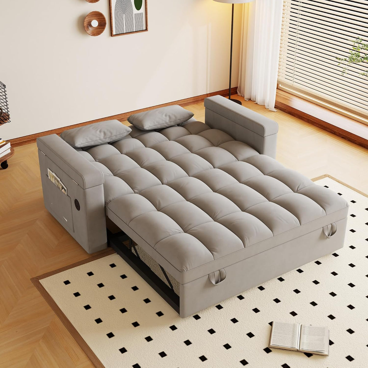 3-in-1 Convertible Pull Out Sofa Bed, 65" Loveseat Sleeper Sofas with Pullout Couch Bed with Adjustable Backrest, Side Table & Storage Armsfor Living Room