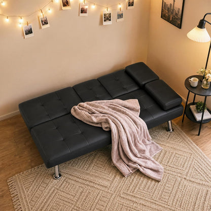 Flamaker Futon Sofa Bed, Black Faux Leather Convertible Loveseat Couch