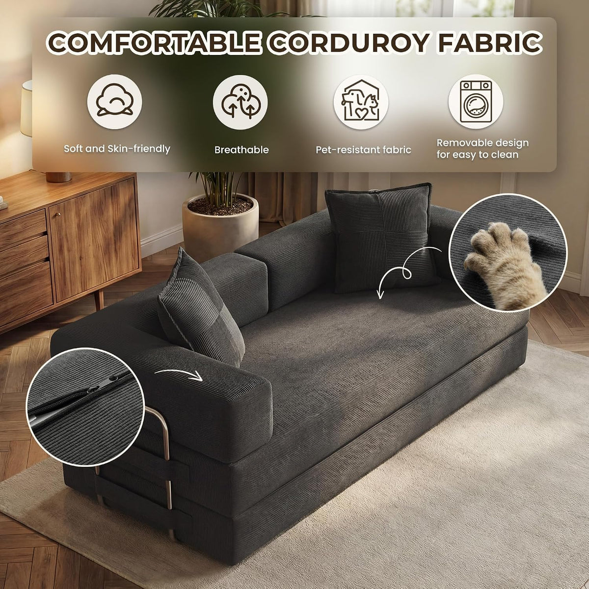 GRUSIGN 78" 5-in-1 Convertible Futon Sofa Bed, Boneless Corduroy, Gray