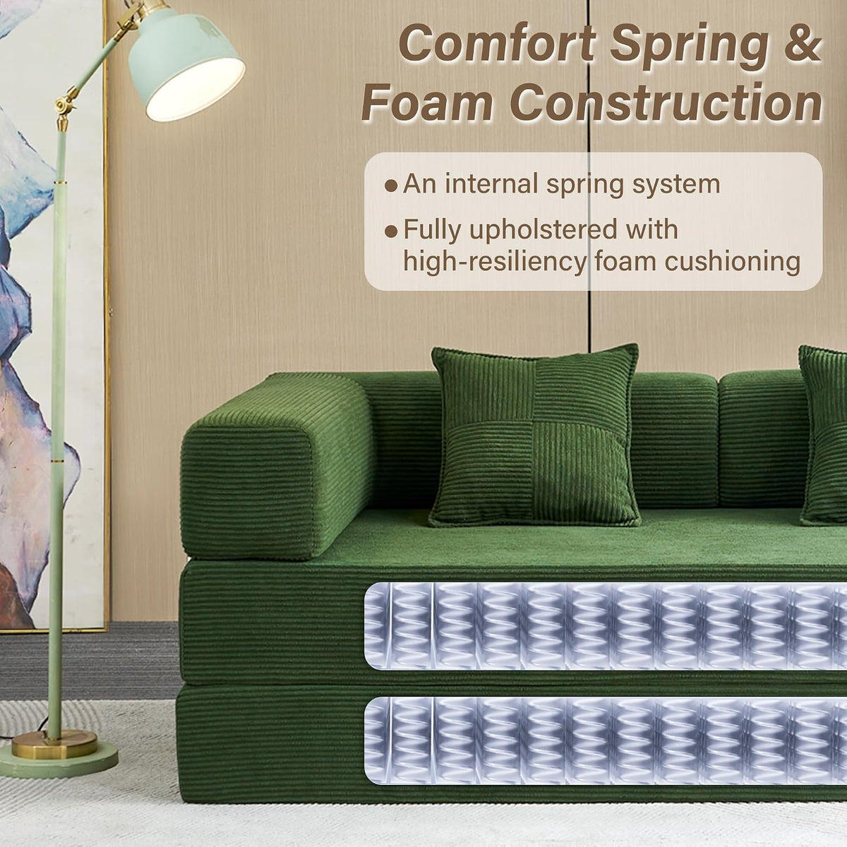 Convertible Futon Sofa Bed - Boneless Couch for Living Room with High Backrest - Futon Sleeper Sofa with Reinforced Anti-Wobble Support Frame - Modular Pull Out Couch No Assembly,Forest Green