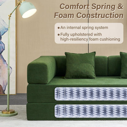 Convertible Futon Sofa Bed - Boneless Couch for Living Room with High Backrest - Futon Sleeper Sofa with Reinforced Anti-Wobble Support Frame - Modular Pull Out Couch No Assembly,Forest Green