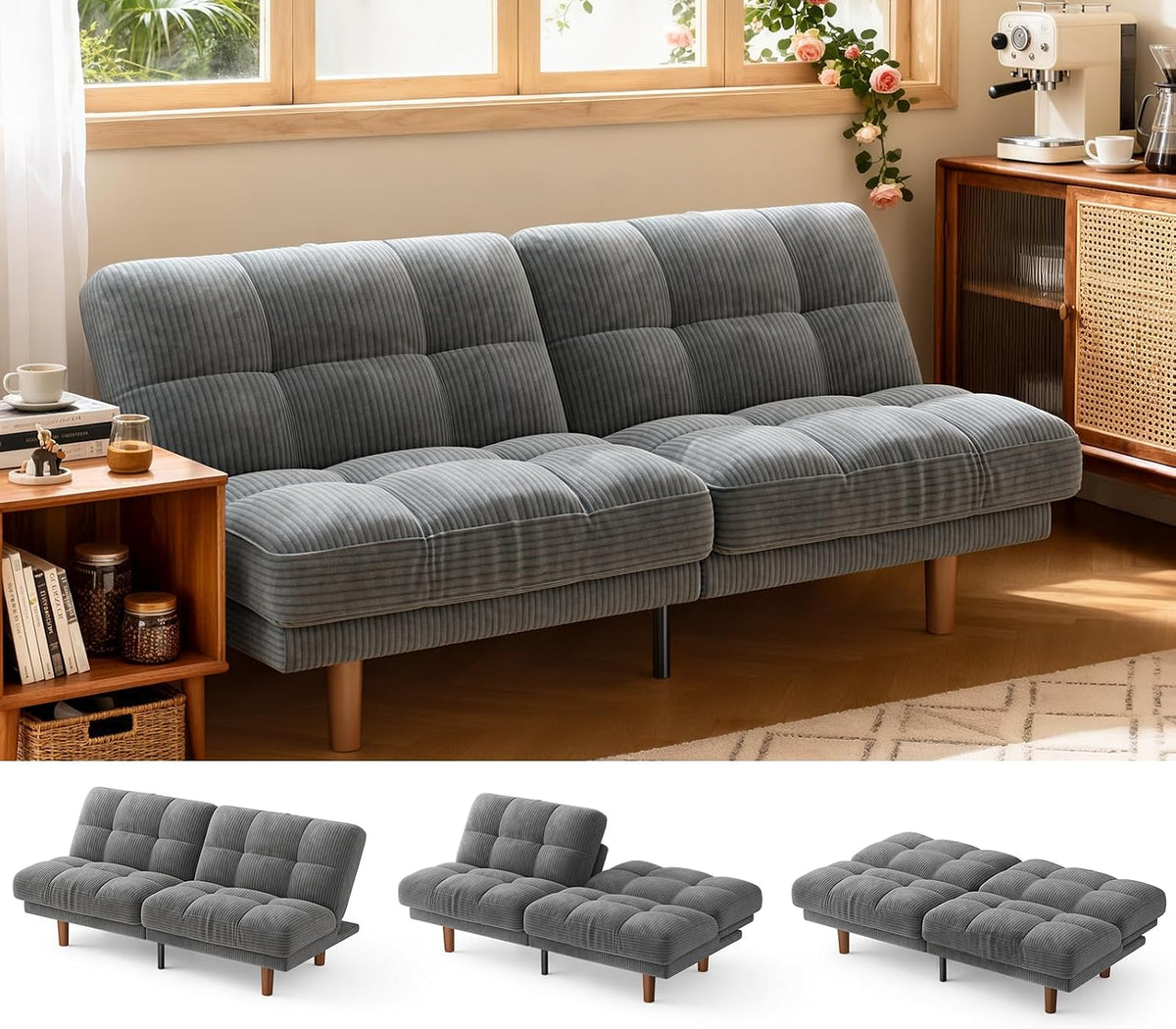 Amada 70-Inch Convertible Futon Sofa Bed with Adjustable Backrest, Gray