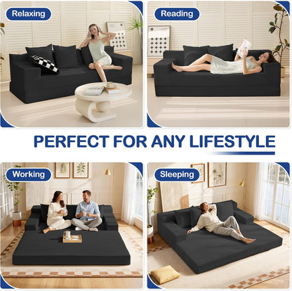 2 in 1 Convertible Boneless Couch Bed, Corduroy futon Sofa Bed, Compression Folding Floor Couch Sofas Bed with 3 Pillows for Bedroom, Small Space Guest and Living Room Sofa (Black, 78 Inches)