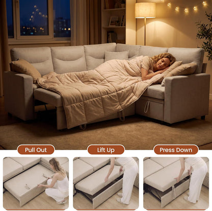 81" Sectional Sleeper Sofa Bed, 5 Seat Pull Out Couch with Storage Beige