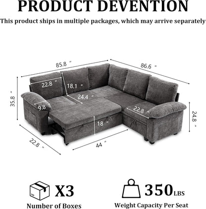 85'' Modular Sectional Sleeper Sofa, L Shape Pull Out Sofa Bed with Storage