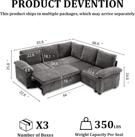 85'' Modular Sectional Sleeper Sofa, L Shape Pull Out Sofa Bed with Storage