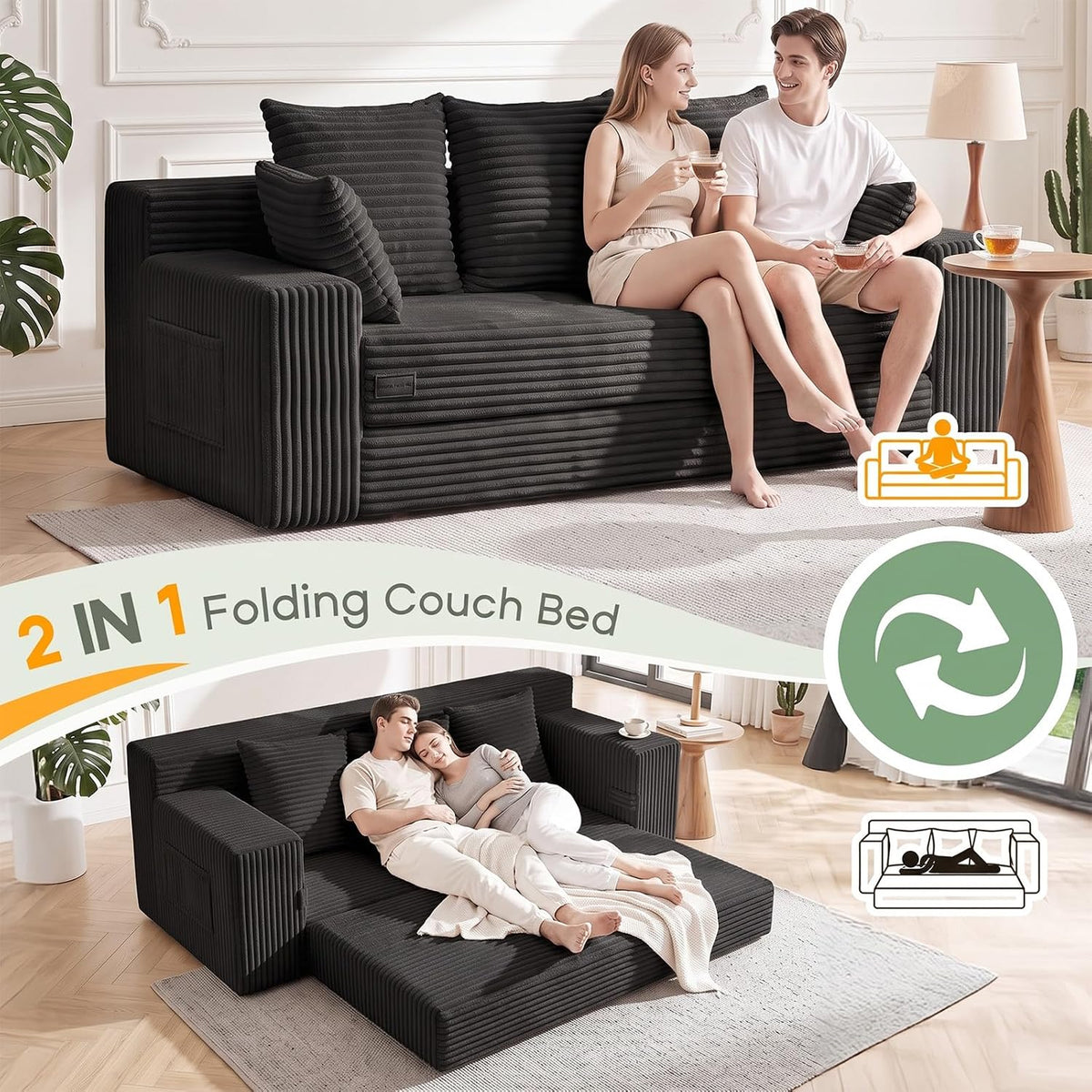 Boneless Couch for Living Room, 3 Seater Convertible Sofa Bed in Box, Black