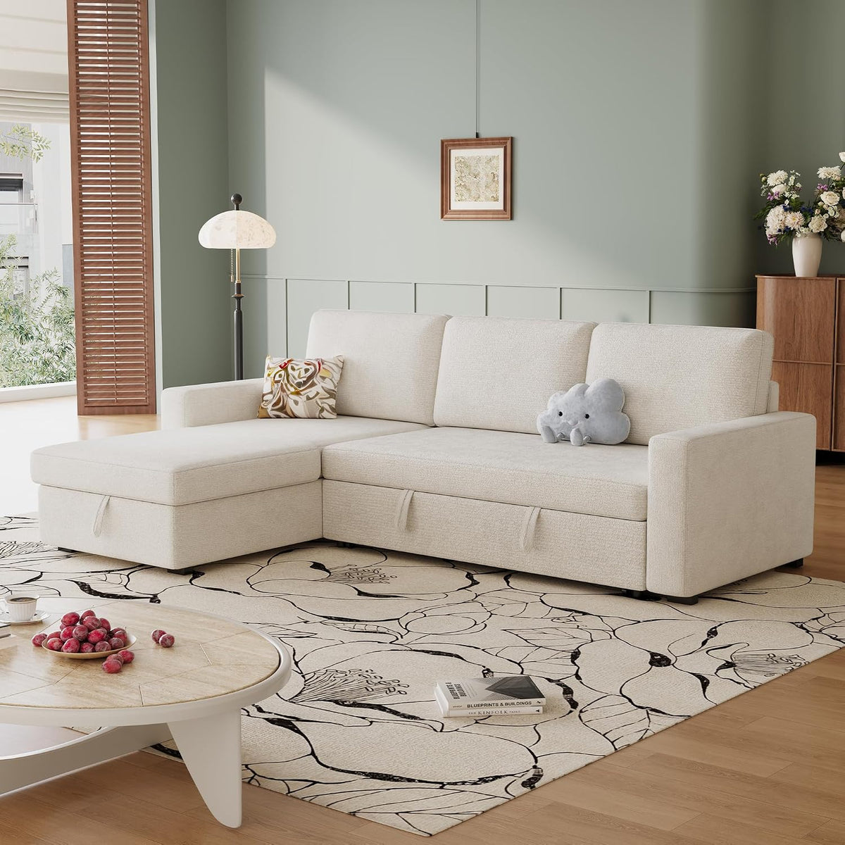 81" L Shaped Convertible Sleeper Sectional Sofa Bed, Beige