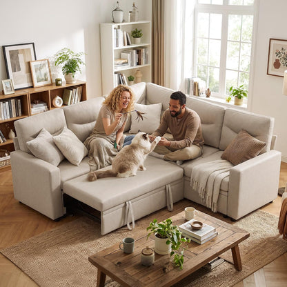 81" Sectional Sleeper Sofa Bed, 5 Seat Pull Out Couch with Storage Beige