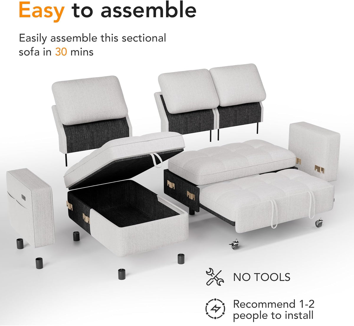 WEUP 81" Modular Sectional Sleeper Sofa Bed, Chenille L-Shaped Couch Bed with Adjustable Backrest, Pull Out Couch with Reversible Chaise Storage, USB Charging & Tool-Free Assembly, Beige