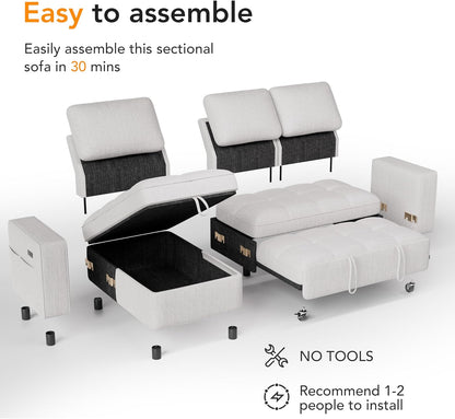 WEUP 81" Modular Sectional Sleeper Sofa Bed, Chenille L-Shaped Couch Bed with Adjustable Backrest, Pull Out Couch with Reversible Chaise Storage, USB Charging & Tool-Free Assembly, Beige