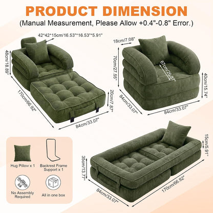 Folding Sofa Bed, Convertible Sleeper Chair, Corduroy Boneless Couch