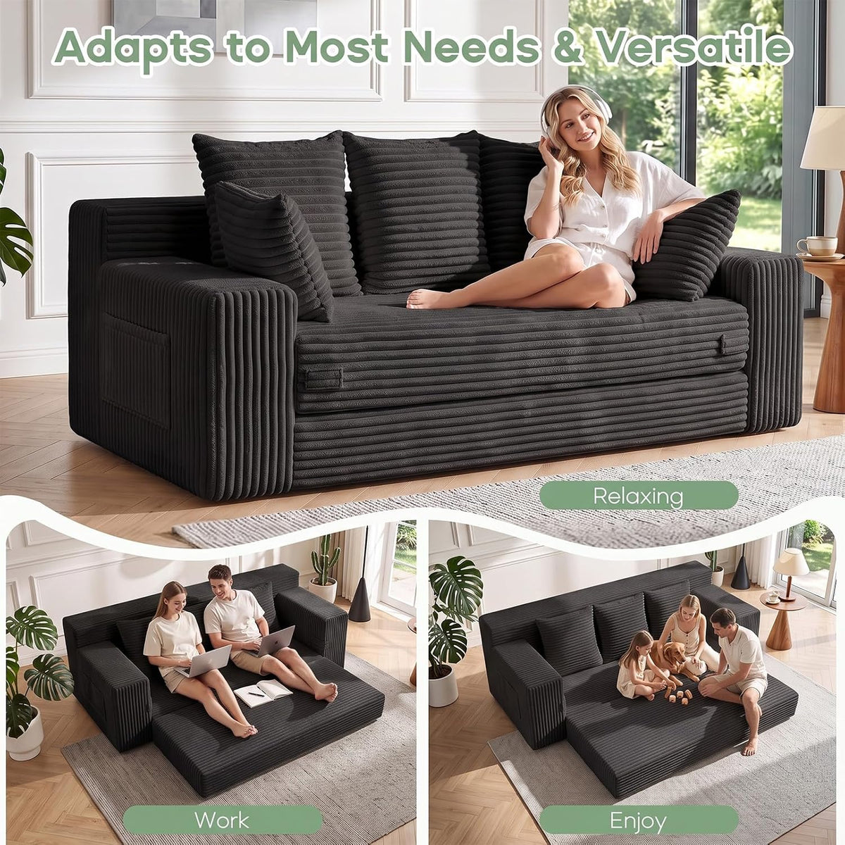 Boneless Couch for Living Room, 3 Seater Convertible Sofa Bed in Box, Black