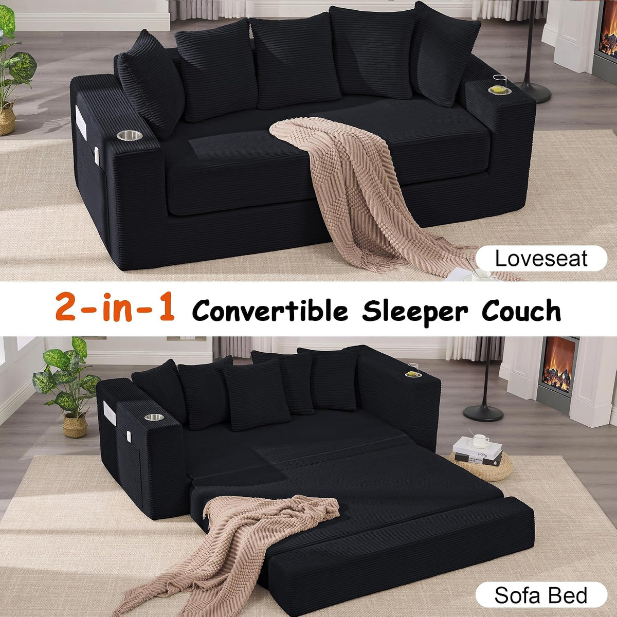 76" Convertible Sofa Bed, Corduroy Boneless Couch with Cup Holders & Pocket