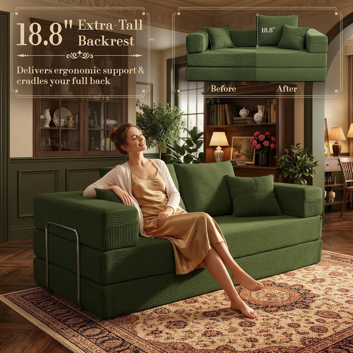 Convertible Futon Sofa Bed - Boneless Couch for Living Room with High Backrest - Futon Sleeper Sofa with Reinforced Anti-Wobble Support Frame - Modular Pull Out Couch No Assembly,Forest Green
