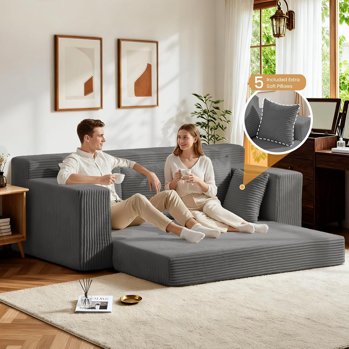 Boneless Couches 70 inch, 3 Seater Boneless Couch with Futon Couch Corduroy Boneless Couch with 5 Pillows, Gray Sofa for Living Room & Bedroom