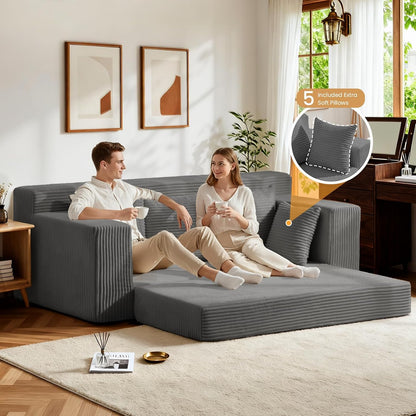 Boneless Couches 70 inch, 3 Seater Boneless Couch with Futon Couch Corduroy Boneless Couch with 5 Pillows, Gray Sofa for Living Room & Bedroom