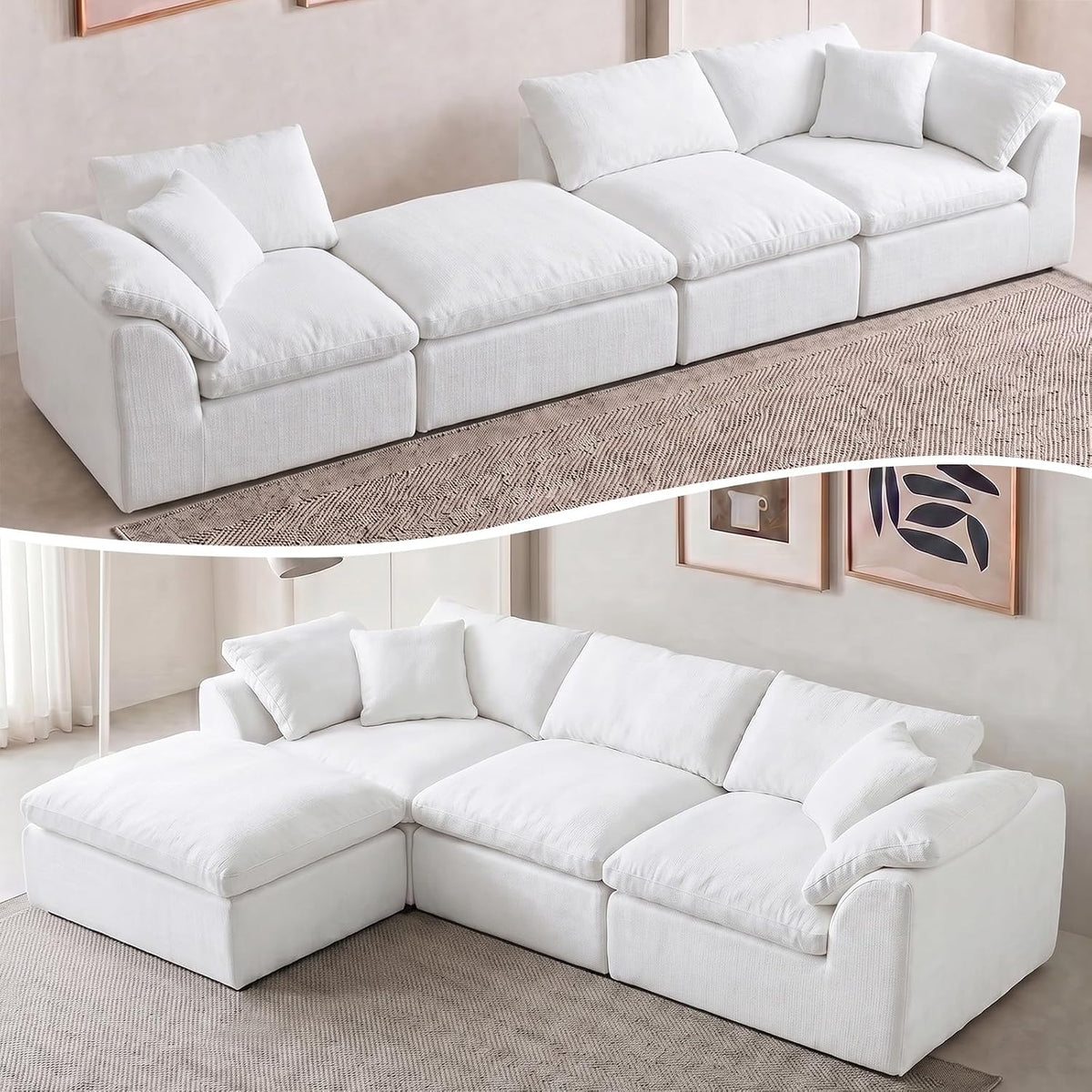 110" Boneless Cloud Couch Sectional for Living Room, Oversized Modular L Shaped Sofa with Ottoman, Deep Seat Chenille Sectional Couch for Cloud-Like Comfort (Pearl White)