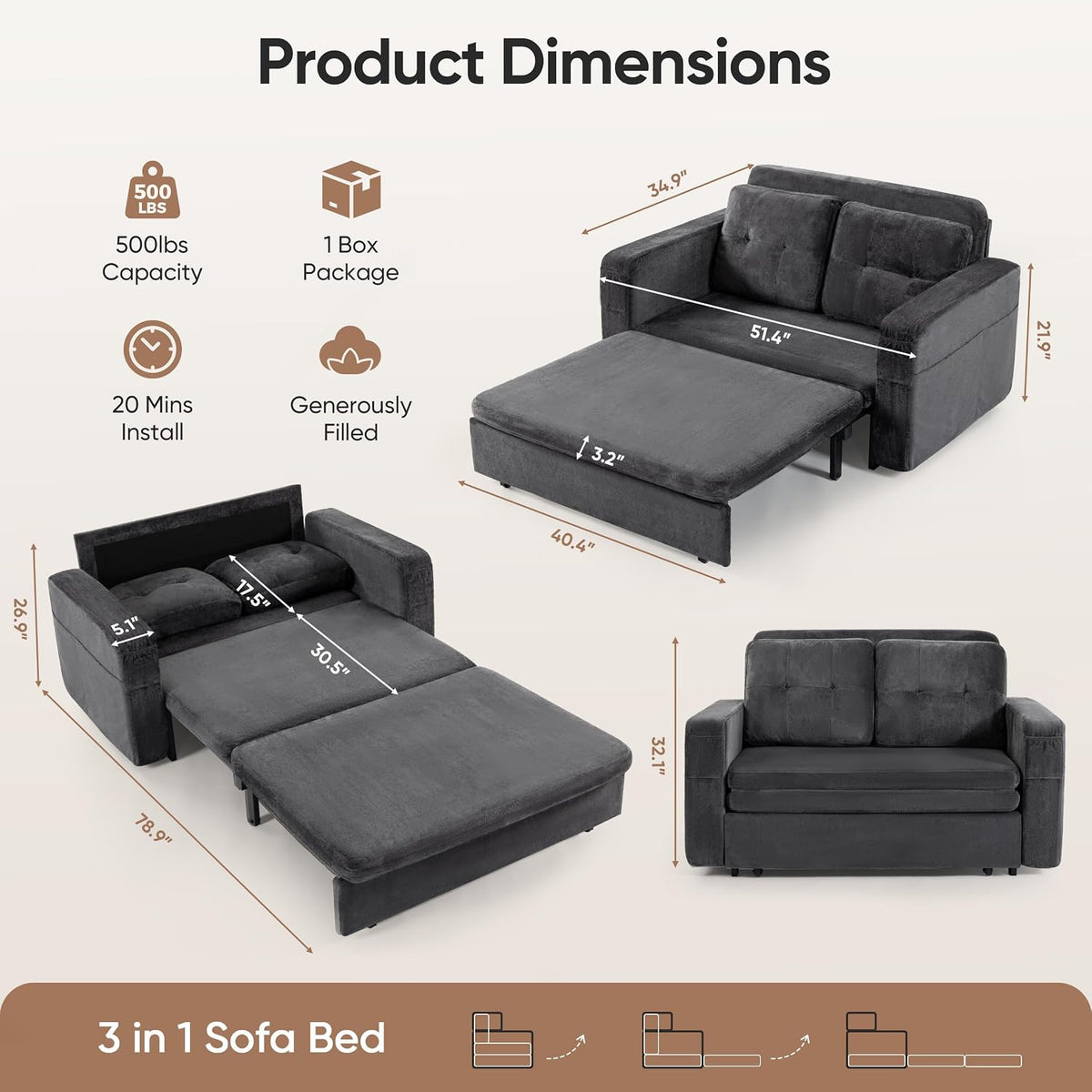 52" Sleeper Convertible Sofa Bed Couch, 3-in-1 Pull Out Couches for Living Room, with 2 Pillows, 6 Side Pockets, Easy Assembly, Grey