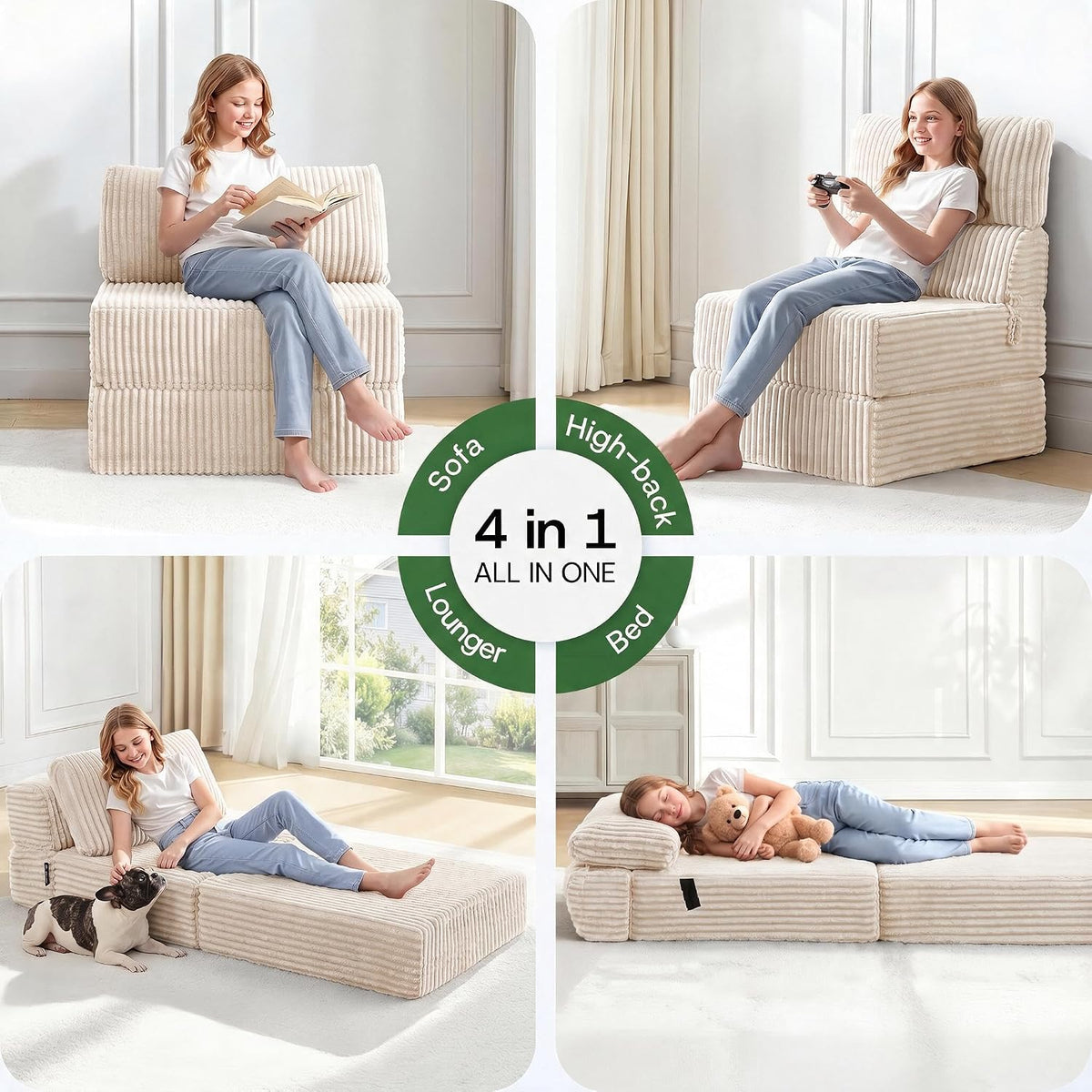 Folding Sofa Bed Convertible 4 in 1 Sleeper Chair Beige Single