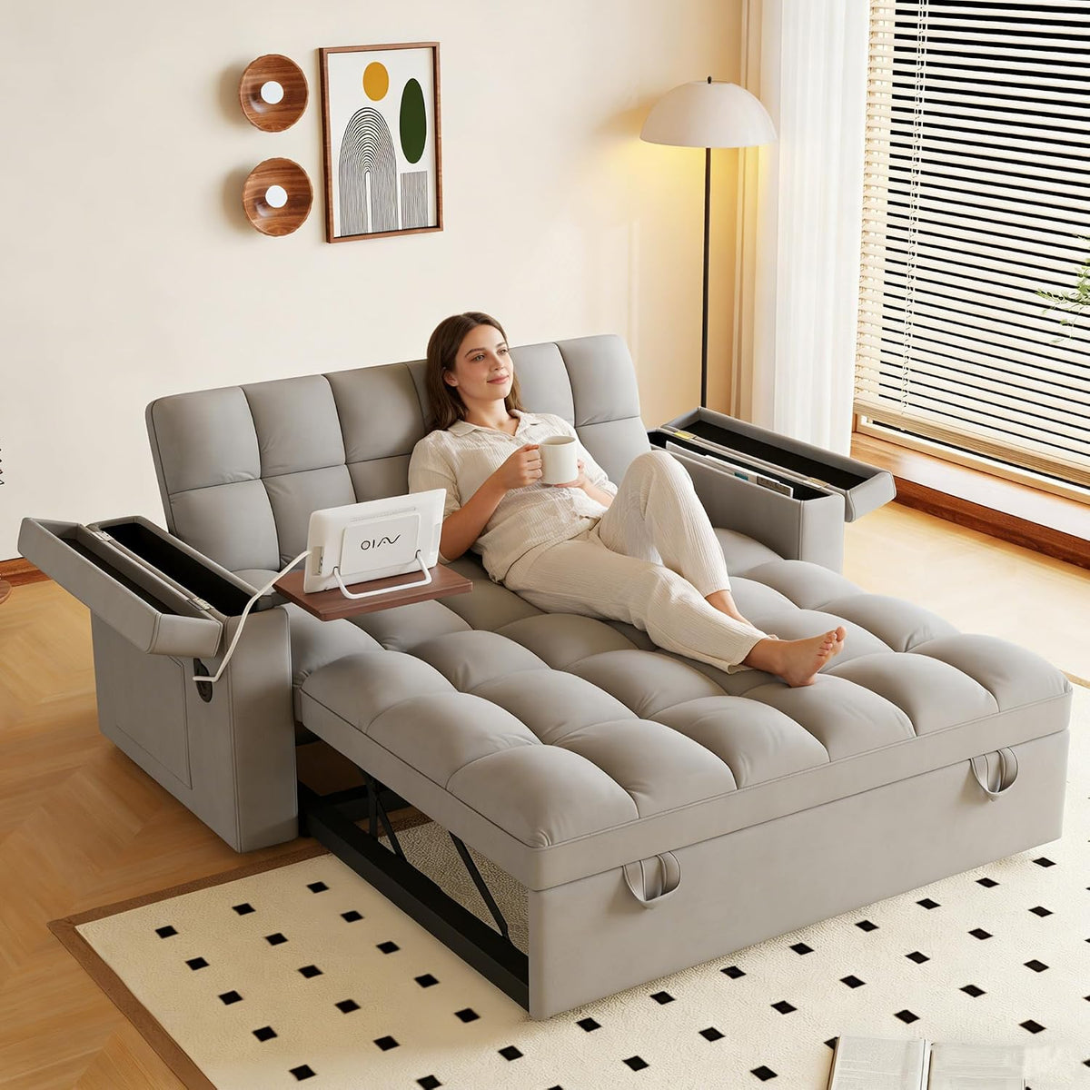 3-in-1 Convertible Pull Out Sofa Bed, 65" Loveseat Sleeper Sofas with Pullout Couch Bed with Adjustable Backrest, Side Table & Storage Armsfor Living Room