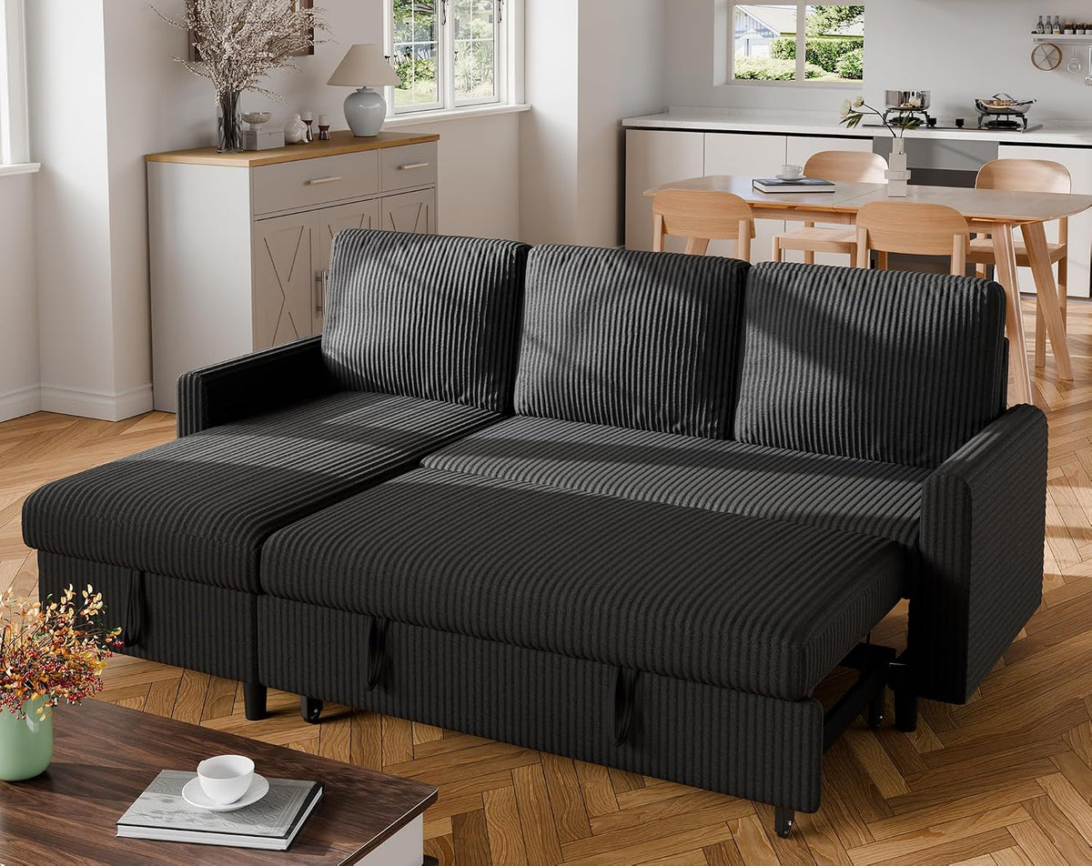 Walsunny 77 Inch Sectional Sleeper Sofa with Pull Out Bed, Modern L-Shaped Corduroy Convertible Couch with Storage Chaise, Reversible Sofa Bed for Small Spaces, Apartment, Black