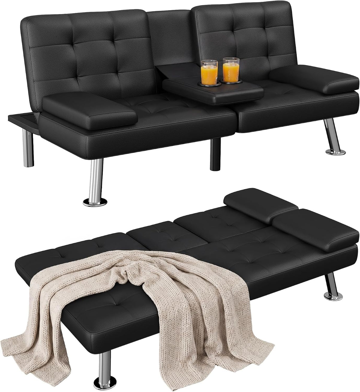 Homall Black Faux Leather Futon Sofa Bed, Loveseat with Adjustable Backrest