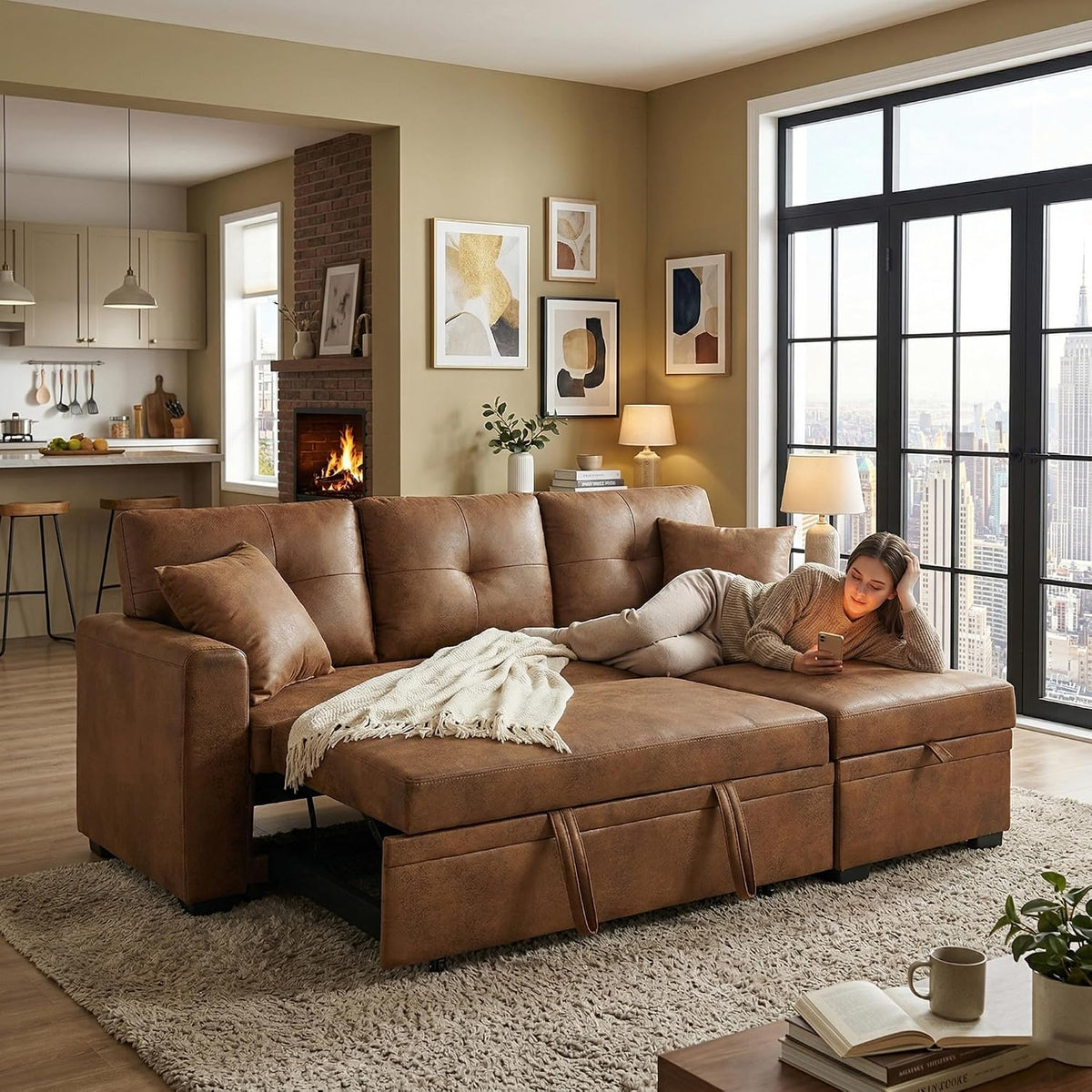L-Shaped Pull Out Sofa Bed with Storage, 3-Seater Reversible Chaise Sleeper Couch for Small Spaces & Living Room