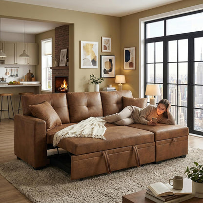 L-Shaped Pull Out Sofa Bed with Storage, 3-Seater Reversible Chaise Sleeper Couch for Small Spaces & Living Room
