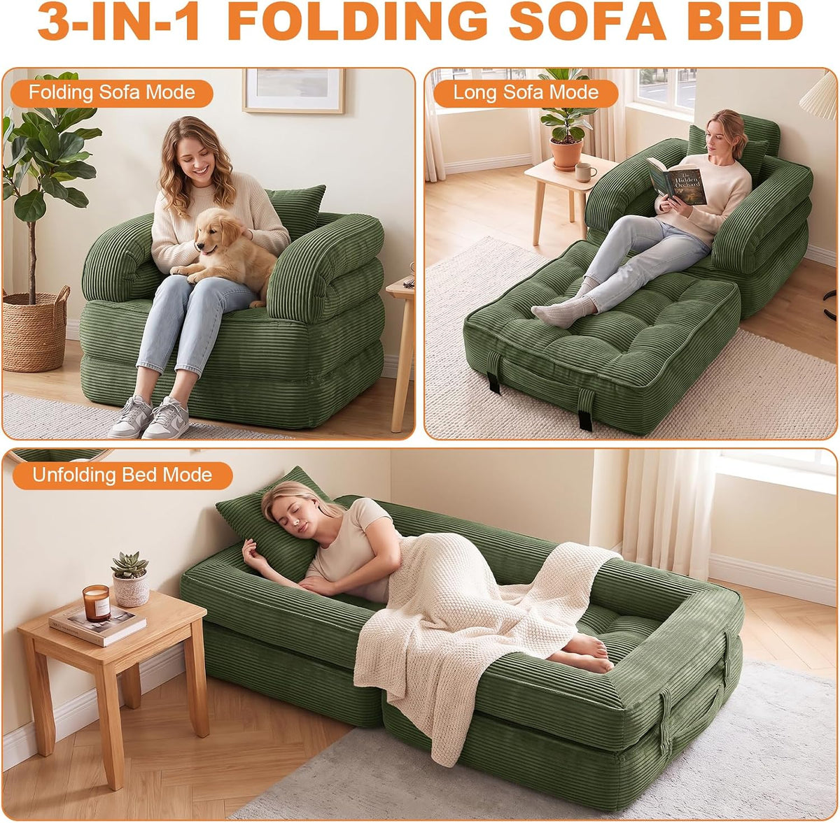Folding Sofa Bed, Convertible Sleeper Chair, Corduroy Boneless Couch