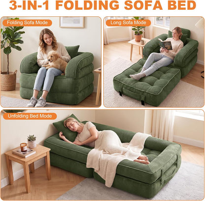 Folding Sofa Bed, Convertible Sleeper Chair, Corduroy Boneless Couch