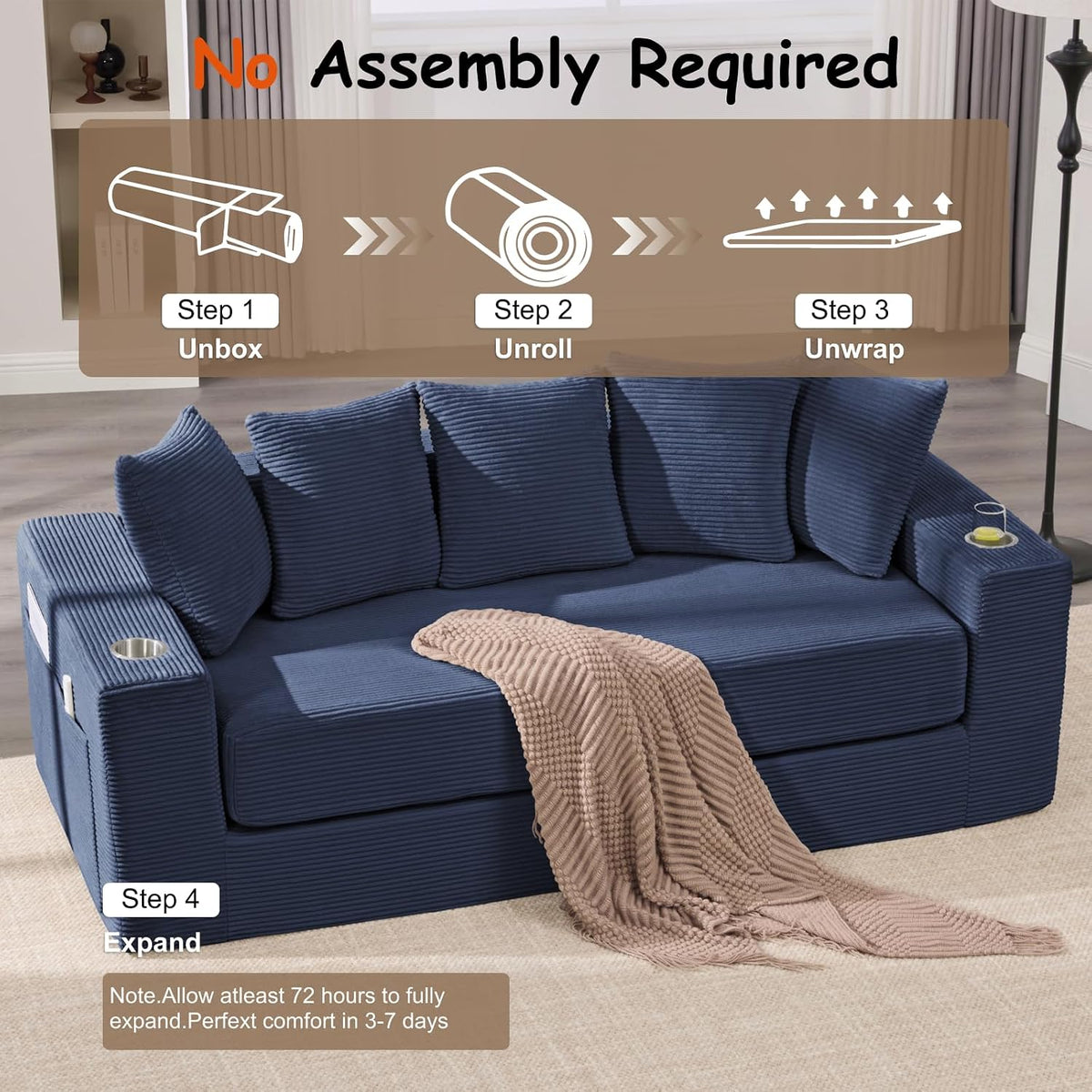 76" Convertible Sofa Bed, Corduroy Boneless Couch with Cup Holders & Pocket