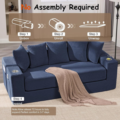 76" Convertible Sofa Bed, Corduroy Boneless Couch with Cup Holders & Pocket