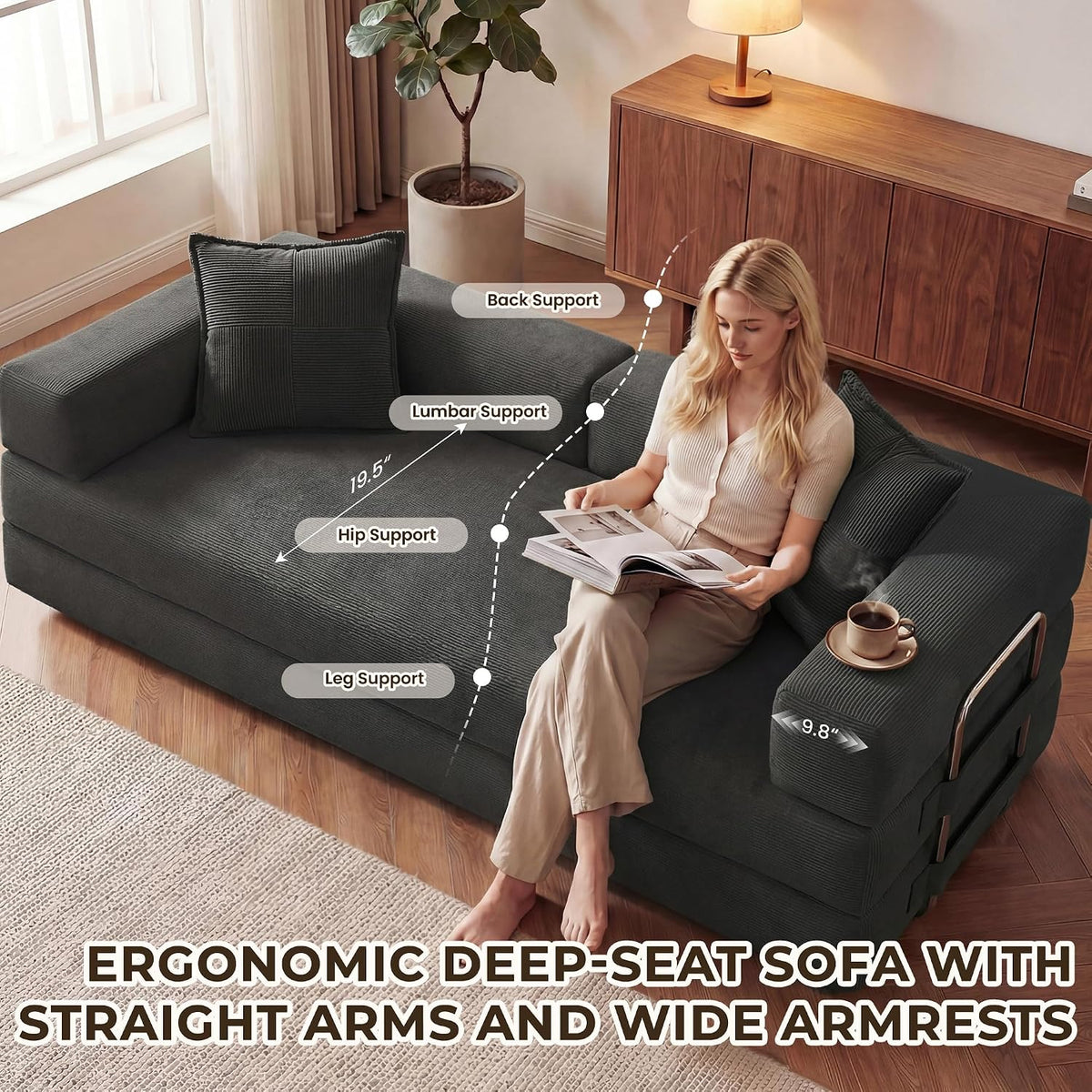 GRUSIGN 78" 5-in-1 Convertible Futon Sofa Bed, Boneless Corduroy, Gray