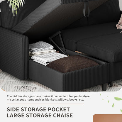 Walsunny 77 Inch Sectional Sleeper Sofa with Pull Out Bed, Modern L-Shaped Corduroy Convertible Couch with Storage Chaise, Reversible Sofa Bed for Small Spaces, Apartment, Black